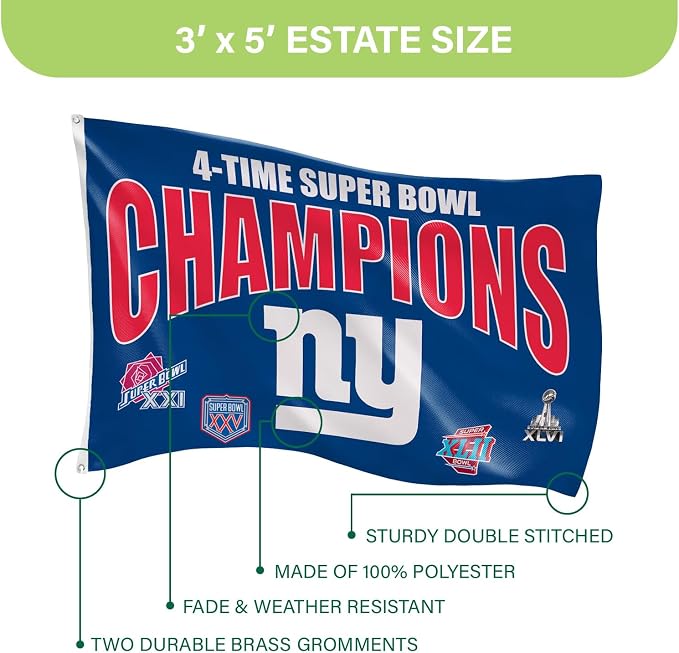 Team Sports America NFL New York Giants Multi-Win Superbowl Champions 3x5 Flag for Outside with Grommets | Outdoor & Indoor | Heavy Duty Flag & Banner | Works with Flag Pole for Outside House