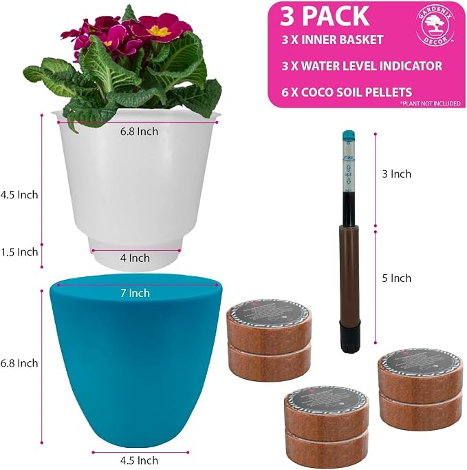GARDENIX DECOR Self Watering Pots for Indoor Plants 3 Pack - Flower Pot with Water Level Indicator for Plants, Grow Tracking Tool - Self Watering Planter Plant Pot - Coco Coir - Teal