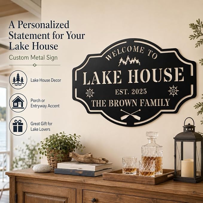 Personalized Metal Lake House Sign Custom Family Name Wall Art Rustic Cabin Decor for Entryway Porch Outdoor Lake Life Gift