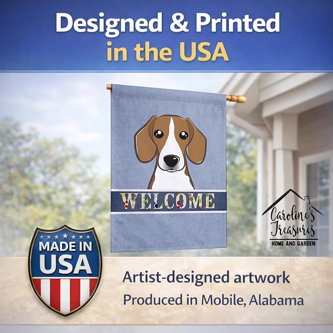 Caroline's Treasures BB1425CHF Beagle Welcome House Flag, Blue Large Porch Sleeve Pole Decorative Outside Yard Banner Artwork Wall Hanging, Polyester, House Size, Multicolor
