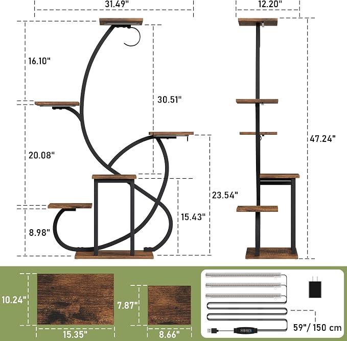 Plant Stand Indoor with Grow Lights, 6 Tiered Corner Plant Shelf , 47'' Plant Stands for Multiple Plants, Metal Curve Shaped Plant Holder Display Rack , Flower Stands for Living Room Patio Home Decor