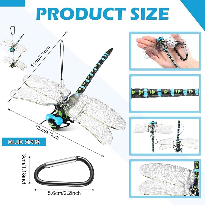 Qualirey 2pcs Dragonfly Hat Clip Realistic Simulated Dragonfly with Hook Clip Attach to Backpack Hat for Indoor Yard Garden Plant Decor (Blue)
