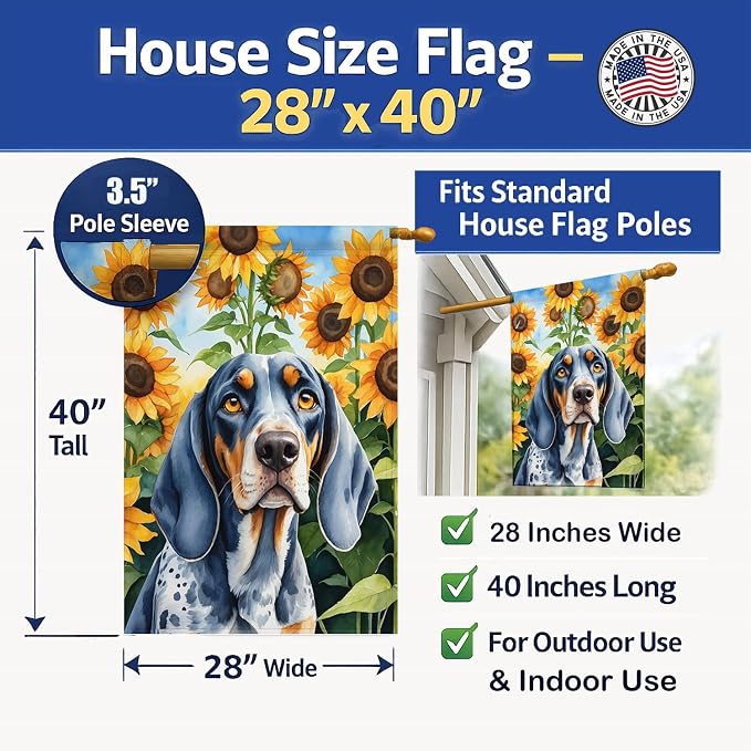 Caroline's Treasures DAC6030CHF Bluetick Coonhound in Sunflowers House Flag Large Porch Sleeve Pole Decorative Outside Yard Banner Artwork Wall Hanging, Polyester, House Size, Multicolor