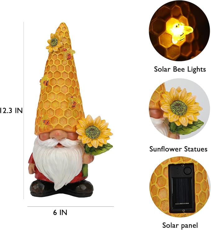 12.3'' Sunflower Garden Gnomes Statue with Solar Bee Lights | Fall Decorations ,Outside Decor, Yard Art Lawn Ornaments, Porch Patio Balcony Home House, Gifts for Mom Grandma Women