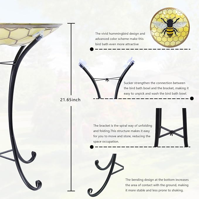 MUMTOP Bird Baths for Outdoors - Bee Large Glass BirdBath Bowl with Metal Stand, Outdoor Garden BirdBaths for Outside Lawn Yard Decor