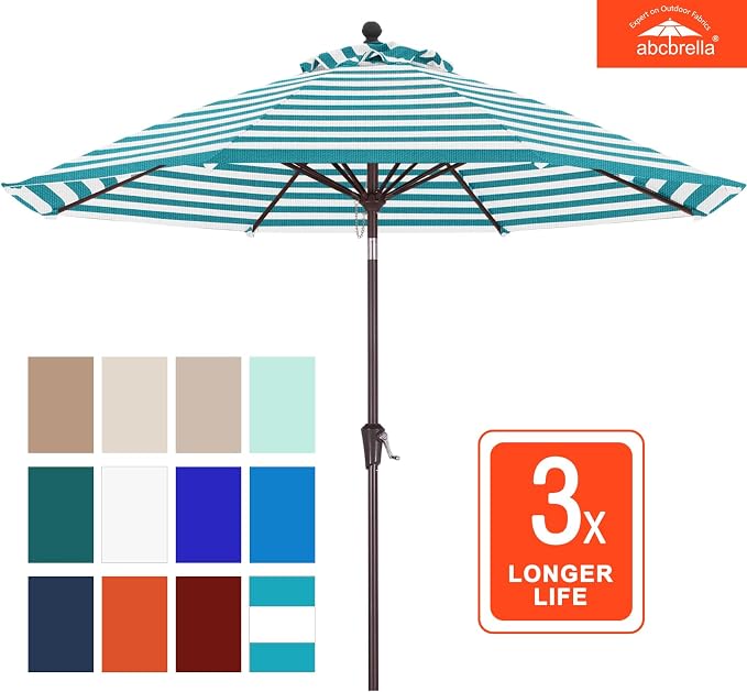ABCCANOPY OLEFIN® 5-Year No Fading 9FT Patio Umbrella, Outdoor Table Umbrella with 8 Sturdy Ribs for Deck, Backyard, Yard (Turquoise Stripe)