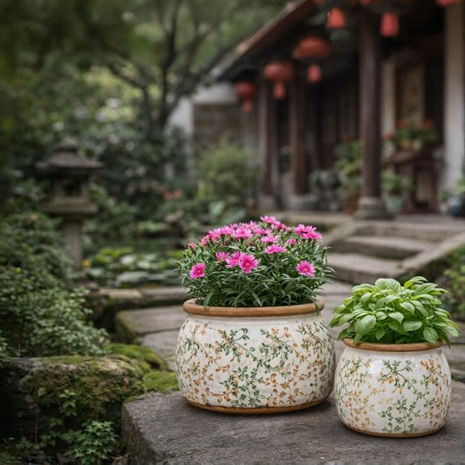 Vintage Ceramic Flower Pots - Indoor Outdoor Planters with Drainage Holes & Filter Screen, 6.5’’& 9’’ Rustic Farmhouse Decorative Plant Pots for Garden/Patio (Bicolor Vines, Small to Large Bundle)