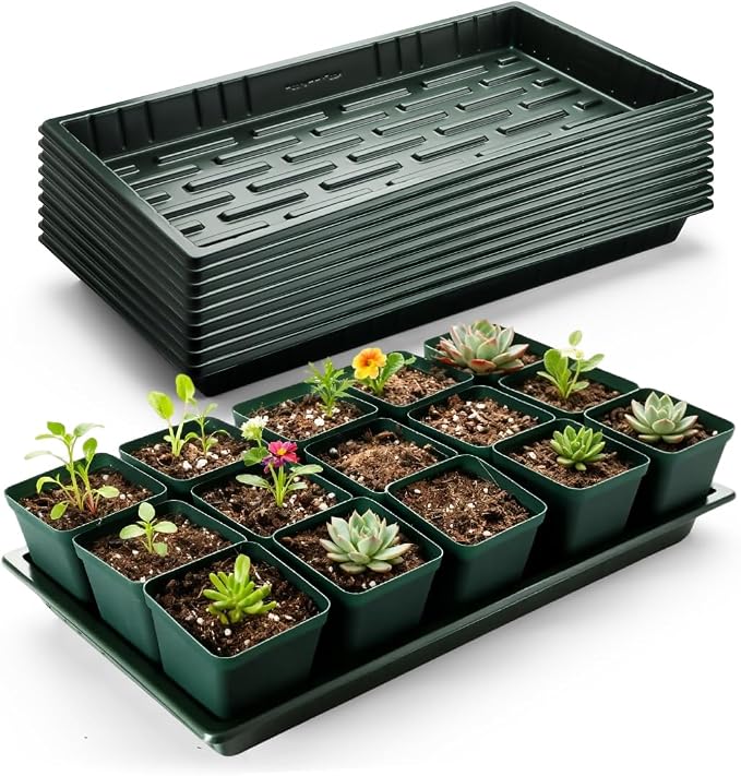 RooTrimmer 10 Pack Heavy Duty 1020 Trays No Holes - 1.6 Inch Deep Shallow Nursery Flats, Reusable Seed Starter Trays for 72/128 Cell Inserts, Microgreens, Seedling and Hydroponics (Dark Green)