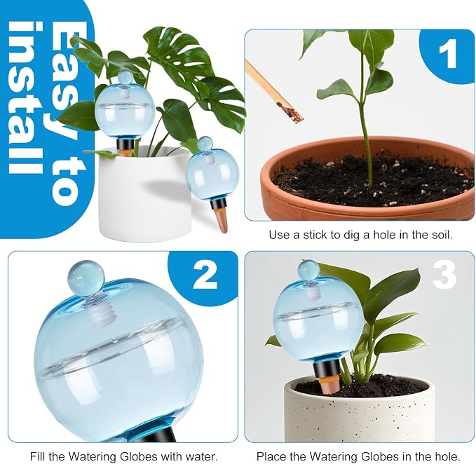 6 Pack Self Watering Globes 17oz Large Plant Watering Globes Top Fill, Self Water Planter Insert Indoor/Outdoor Plastic Water Bulbs Slow Release Terracotta for Plants, Blue