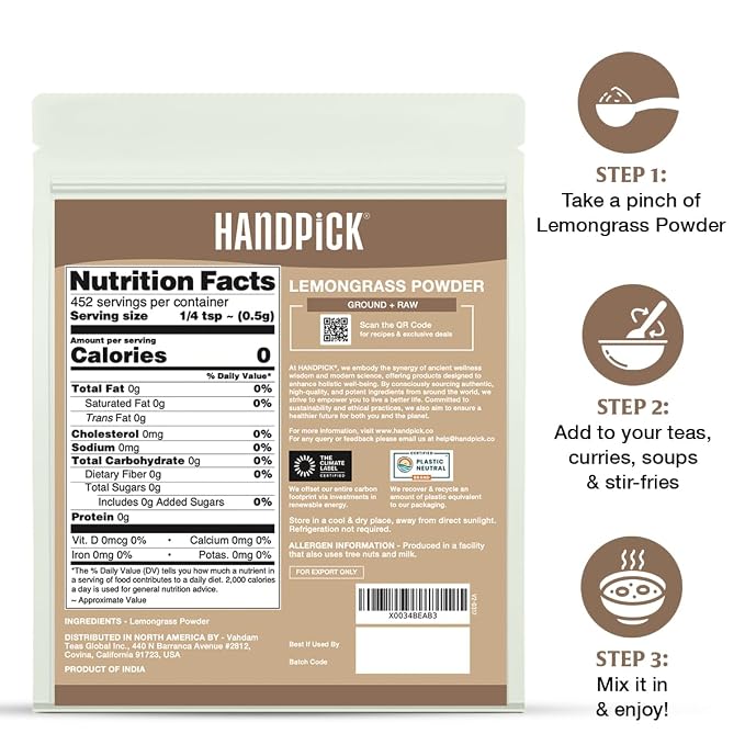 HANDPICK Lemongrass Powder (226g/8oz) Non GMO, Gluten Free, 100% Raw, Sourced from India, For Cooking, Smoothies, Tea, Packed in Resealable Ziplock Pouch (Packaging may vary)