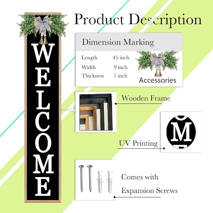 Welcome Sign for Front Porch Standing 45"X9" Large Vertical Farmhouse Outside Front Door Sign Leaner Tall Vintage Outdoor Wreath Patio Garden Wood Framed Decorations (Wood Black)