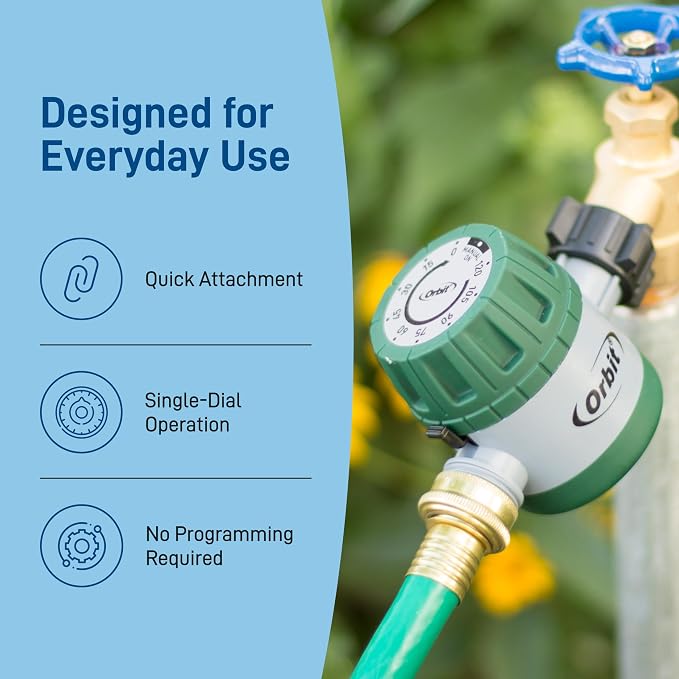 Orbit Mechanical Water Timer - Adjustable Irrigation Shutoff for Lawn & Garden Watering - Battery-Free Clockwork Hose Faucet Timer with Easy Grip Dial & Manual Bypass - 62034