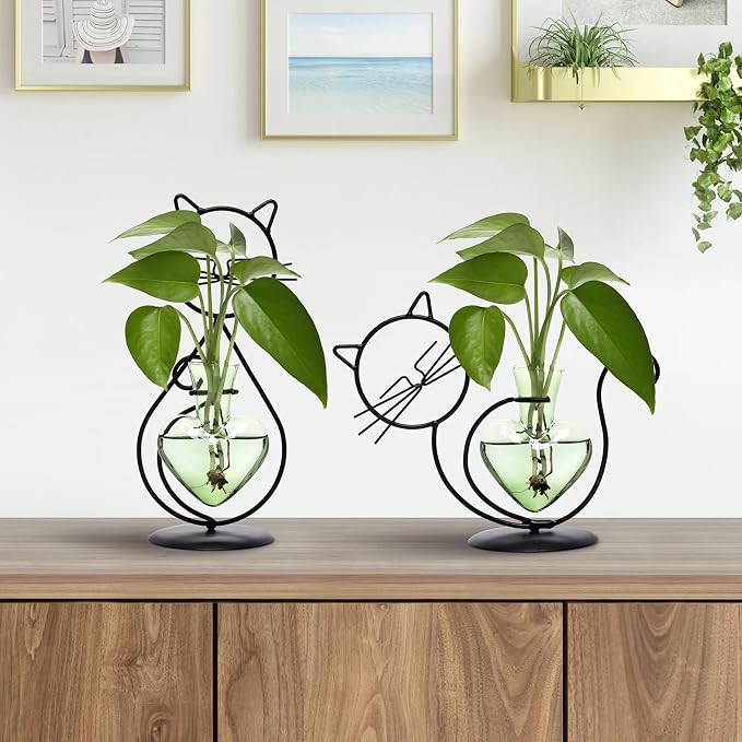 Plant Terrarium Plant Propagation Station Cat Lover Gifts for Women | Plant Lovers Home Office Decor Cat Desk Accessories