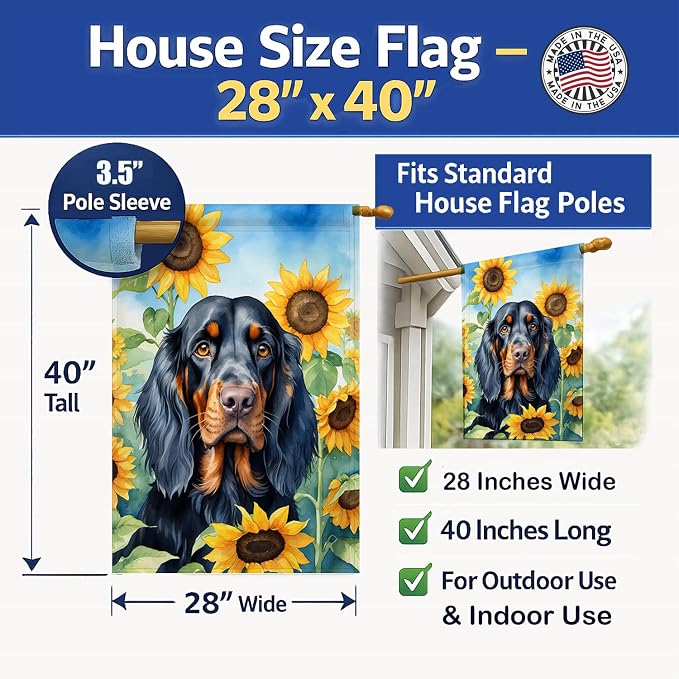 Caroline's Treasures DAC6090CHF Gordon Setter in Sunflowers House Flag Large Porch Sleeve Pole Decorative Outside Yard Banner Artwork Wall Hanging, Polyester, House Size, Multicolor