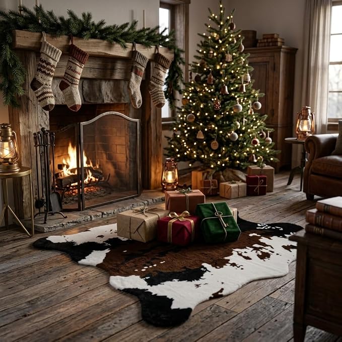 MustMat Faux Cowhide Rug 4'7"×5'3",Cow Print Western Ranch Decor | Brown/White Cow Rug For Bedroom, Entryway, Living Nooks. Western Rustic Style, Great For Cowboy Birthdays & Holidays