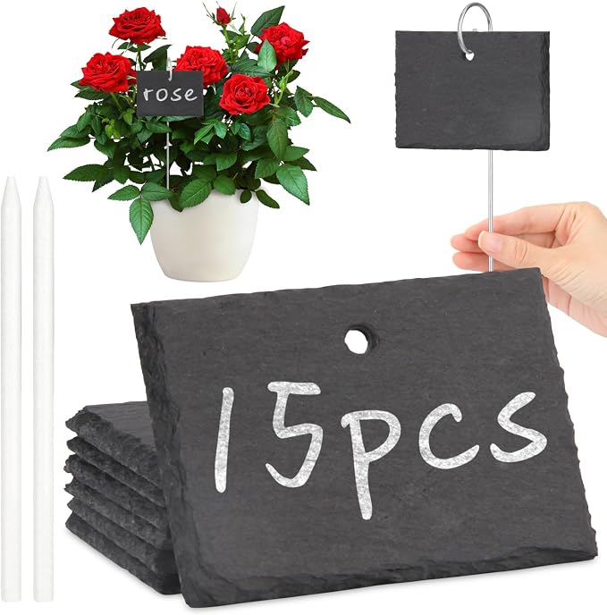 15 Pcs Slate Plant Labels with Chalk Pencils Outdoor Garden Marker Label Signs with Stakes for Plants, Vegetables, Herb, Flowers (Rectangular)