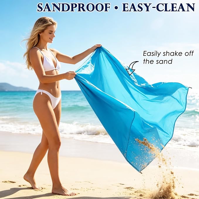 Fammart Beach Blanket Sandproof Waterproof, Extra Large Beach Mat with Stakes & Corner Pockets, Oversized & Compact Sand Free, Quick Drying Beach Essentials for Vacation, Cruise, Picnic & Camping