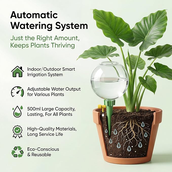 4-Pack 17.5oz Self Watering Globes with Covers – Automatic Plant Watering Bulbs, Slow-Release Irrigation Spikes for Indoor/Outdoor Potted Plants, Vacation Watering System, Top-Fill, Fits Most Pots