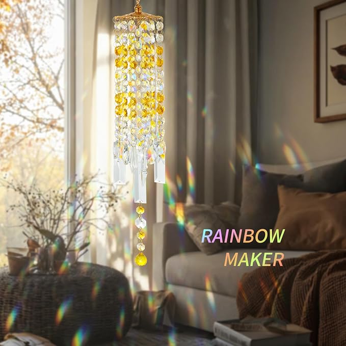 Crystal Wind Chimes Rainbow Suncatcher for Window, Garden, Patio Decor | K9 Crystal Suncatcher, 22 Inches, Creates Rainbows Indoors/Outdoors, Ideal For Gifting, Rose Gold Hooks, Porch/Balcony