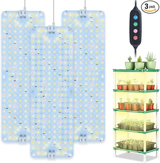 3Pack Panel Grow Lights for Indoor Plants, Seed Starting, Vegetables with 4/8/12/16/20 Hr Timer, 40W Full Spectrum LED Plant Growing Lamps for Cabinet/Shelves/Greenhouse, Plug-and-Play, Connect Freely