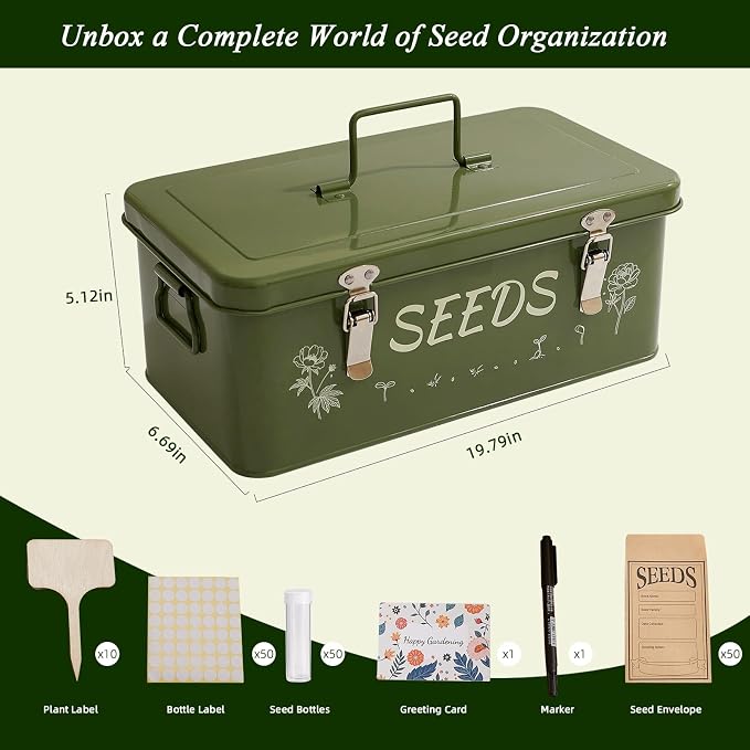 VerdantVibes Metal Seed Storage Organizer Box - Large Galvanized Seed Bin with 50 Vials, 50 Envelopes, Dividers & Labels - Complete Seed Saving Container & Gardening Gifts for Women Men