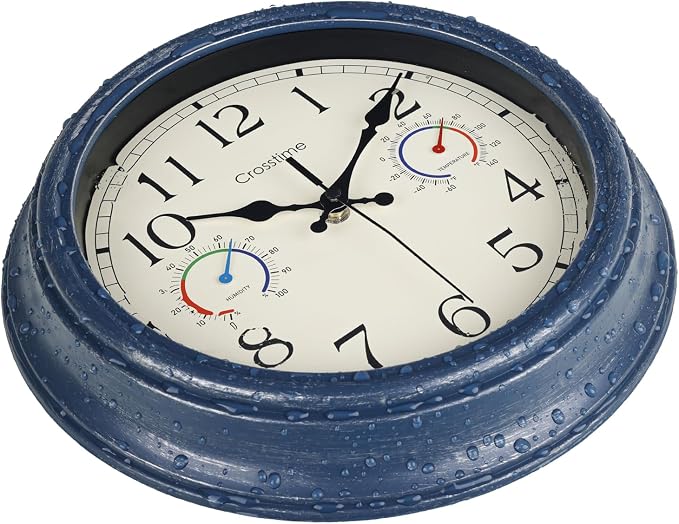 Crosstime 12 Inch Outdoor Clock Waterproof with Thermometer & Hygrometer – Silent Retro Wall Clock for Patio, Pool, Porch, Backyard, Bathroom – Blue