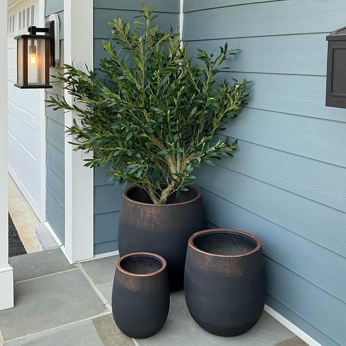 Wallowa 15.5" H Outdoor Concrete Planter, Round Flower Pot with Drainage Hole and Silicone Plug, Plant Container for Garden, Patio, Home, Office, Black, Copper Rim, 1 Pack
