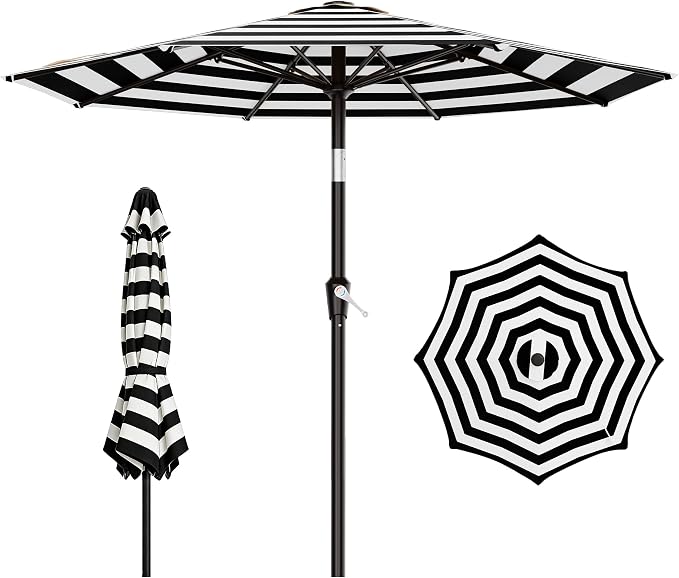 AreShark 9 FT Patio Umbrella for Outdoor, Outdoor Table Umbrella with Push Button Tilt and Crank, Outdoor Patio Umbrellas with 8 Sturdy Ribs for Market, Garden, Pool (Black & White Stripe)
