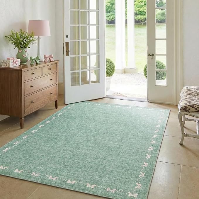 COZYLOOM Bow Border 4x6 Living Room Rugs Modern Printed Washable Nursery Rug, Non Slip Non Shedding Accent Rug Stain Resistant Low Pile Farmhouse Mats for Bedroom, Dining Room, Office, Green