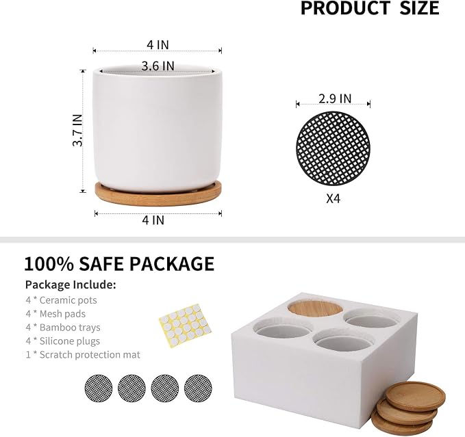 4 Inch Ceramic Plant Pot with Saucer, White Planters Pots with Drainage Hole and Mesh Pads for Succulent, Snake, Cactus, Herbs - 4 Packs(Plant Not Included) | White Planters Pot, for Succulent Snake Cactus Herbs, 4 Packs, Plant Not Included