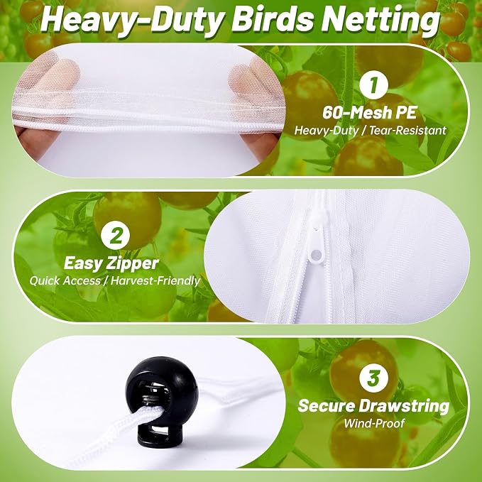 3 Pcs Garden Bird Netting Plant Cover for Triangle Tomato Cage, 67" X 12.6" X 12.6" Tomato Trellis Plant Covers with Zipper & Drawstring for Vertical Climbing Plants, Vegetable and Flowers (No Cage)