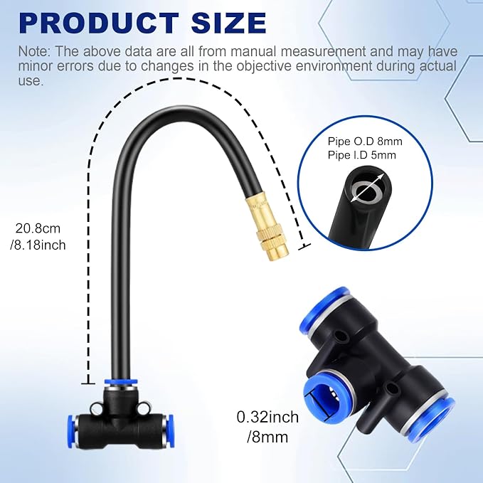 Upriver 15 Pcs Brass Misting Nozzles Tee with 8 Inch Built in Hose for 0.315"/8 mm Tubing, 360° Rotation Adjustable Water Mister Nozzle Thread Sprayer for Garden Watering System