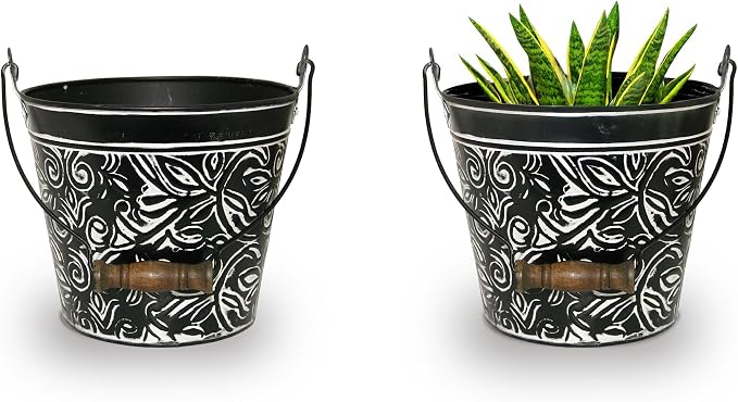 Headwind Vintage Collection - Floral Charcoal Planter with Handles – 8 Inch Medium Flower Pots Decorative Plant Indoor – Plant Pots Indoor with Drainage By Robert Allen