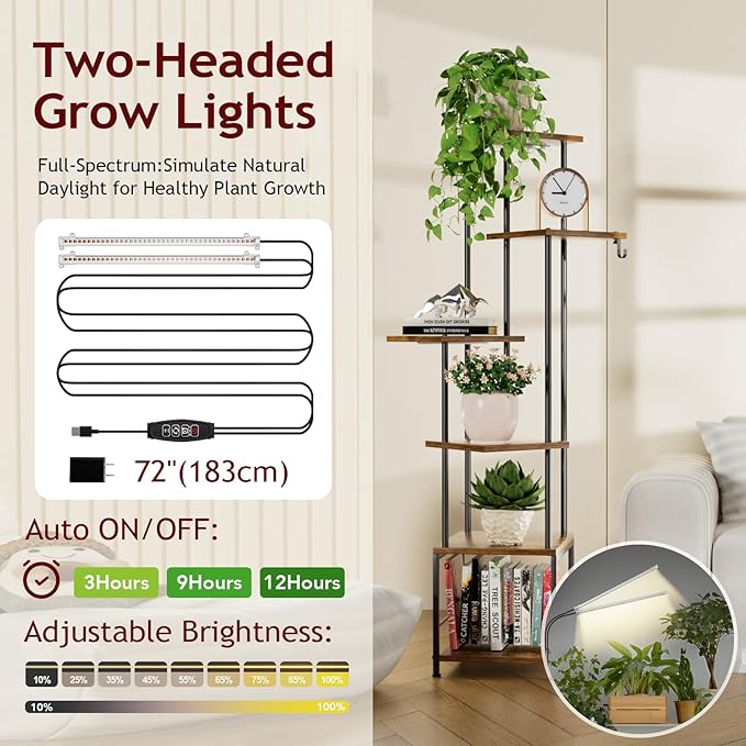 Homsorout Plant Stand Indoor with Grow Light - 6-Tier Metal Plant Shelf with Hanging Basket Hook, Corner Tall Flower Holder for Multiple Plants, Living Room Balcony Garden Patio, Rustic Brown