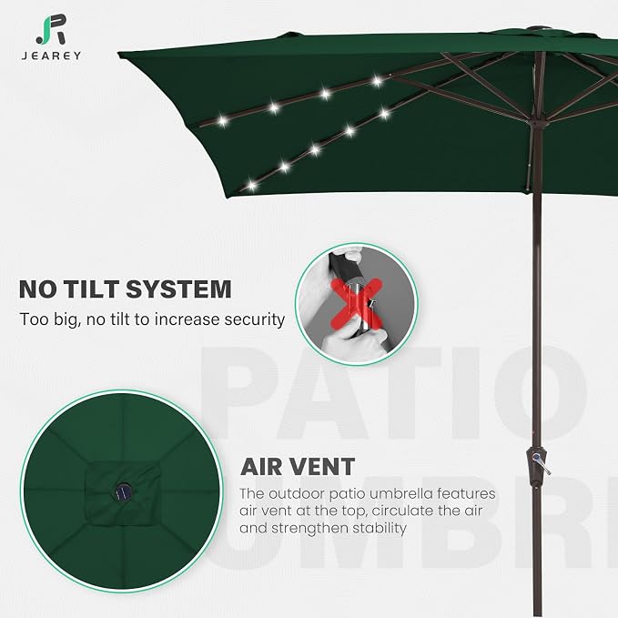 JEAREY 8x10 ft Rectangular LED Lighted Patio Umbrellas Outdoor Solar Table Market Umbrella w/Crank, 8 Sturdy Ribs, UV Protection Waterproof Sunproof(Dark Green)