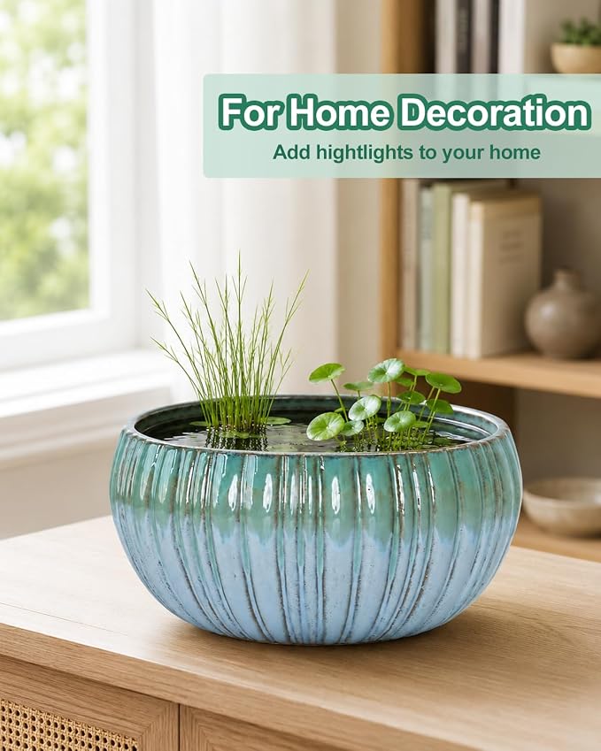 vensovo Round Ceramic Lotus Planter Pot - 11 Inch Large Lotus Flower Bowl, Water Lily Bowl Planter for Aquatic Plants, Bonsai Trees(Green Gradient)