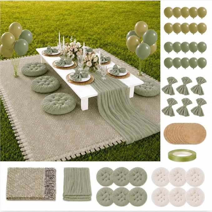 Cinrobiye Boho Picnic Party Set for Outdoor, Aesthetic Picnic Setup with Large Picnic Blanket, Floor Cushions, Table Runner, Napkins, Balloons for Wedding, Bridal Shower, Birthday(Green)