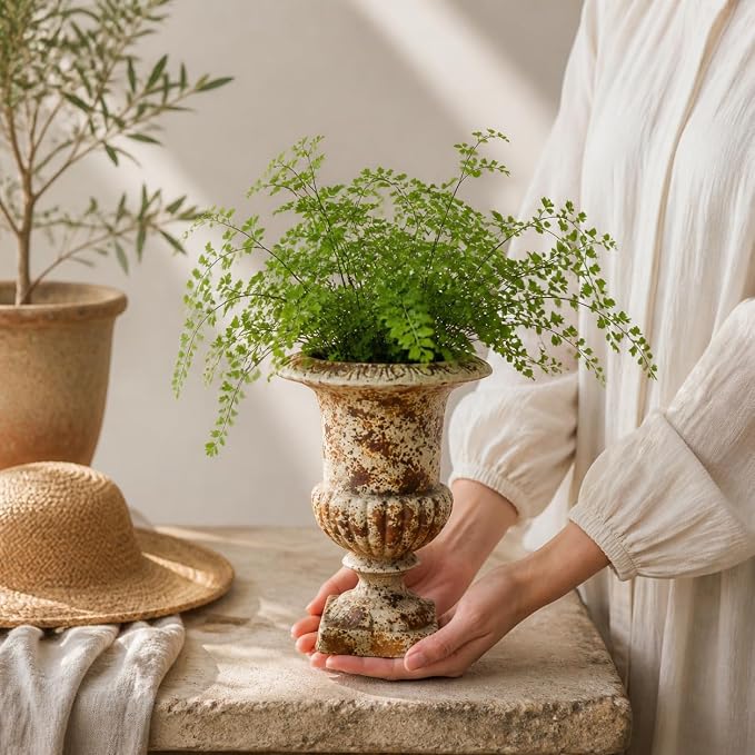 Small 9.1'' H Vintage Urn Planter, Distressed Retro Tabletop Flower Pot with Drainage Hole, Lightweight Decorative Pedestal Planter for Indoor Plants, Office Desk, Shelf, Patio Table Decor
