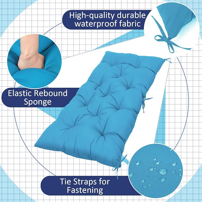 Wenqik Outdoor Bench Cushion 48 x 20 x 3 Inch Waterproof Patio Swing Cushion with Removable Zippered Cover Adjustable Ties Seat Pad for Porch Bench Garden Loveseat(Cyan, Classic)