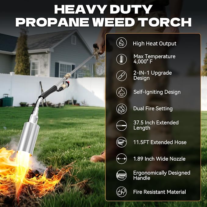 Propane Torch Weed Burner with 11.5FT Hose, Weed Torch with Self Igniter Turbo Trigger, Heavy Duty Flame Weeder for Weeding, Roofing, BBQ, Blue