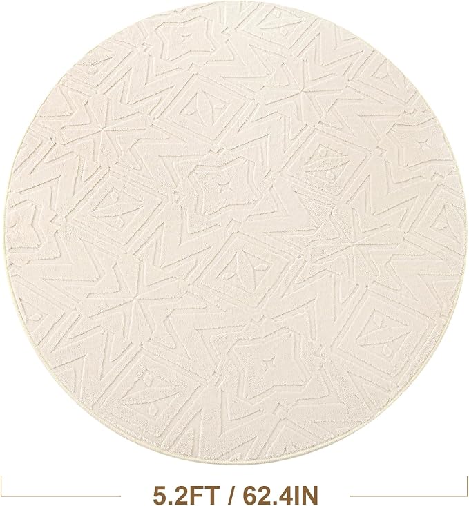 Carvapet 5.2ft Round Geometric Rug Beige Washable High Low Pile Carpet | Soft plush textured rug with non slip backing for living rooms, bedrooms, nurseries and cozy indoor spaces