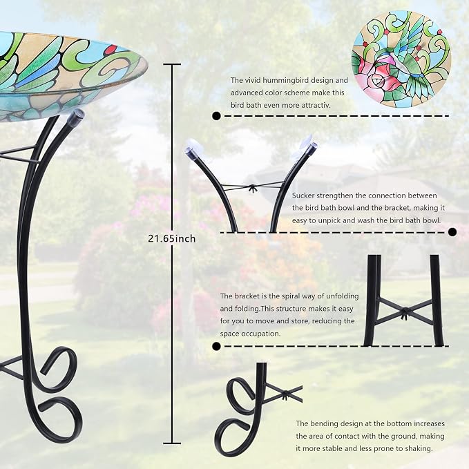 MUMTOP Bird Bath-Bird Baths for Outdoors - Hummingbird Large Bird Bath Bowl with Metal Stand, Glass BirdBaths for the Garden Lawn Yard Decor