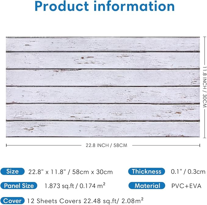 COMSTICKC 3D Faux Wood Wall Sticker, Peel and Stick Wall Covering,12 pcs of 22.8" x 11.8", DIY Lightweight PVC White Wood Self Adhesive Decorative Tiles Wallpaper,Paintable,Covers 22.48 sq.ft