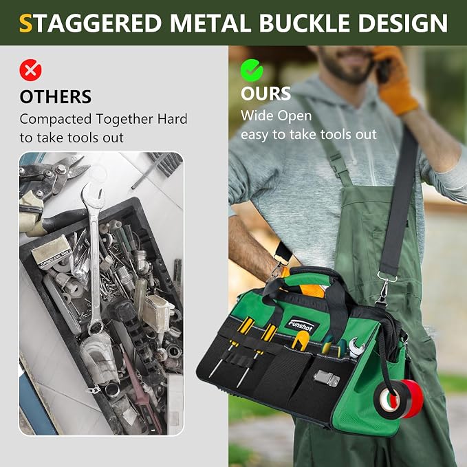 16 Inch Heavy Duty Tool Bag, Compact Tool Organizer with 17 Pockets, Wide Mouth Tool Tote with Adjustable Shoulder Strap, Portable Work Bag for Electricians, Mechanics, Contractors, DIY & Home Repair