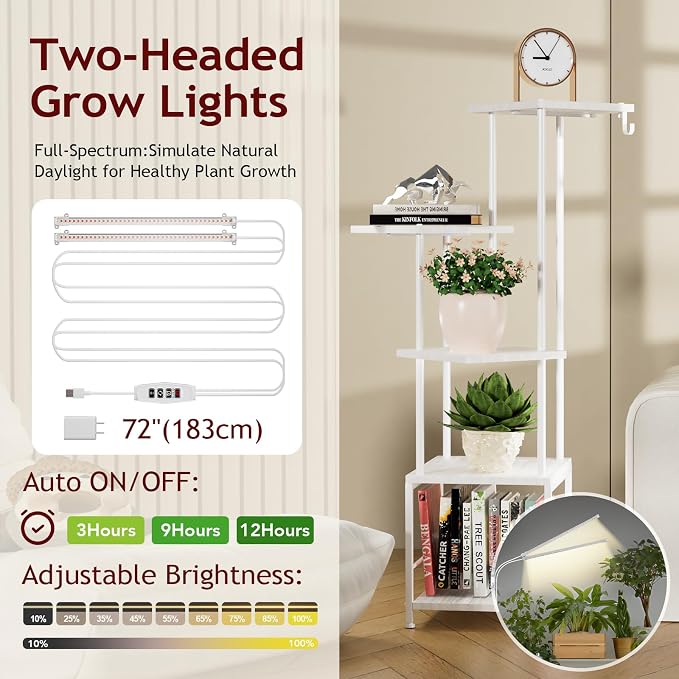 Homsorout Plant Stand Indoor with Grow Light - 5-Tier Metal Plant Shelf with Hanging Basket Hook, Corner Tall Flower Holder for Multiple Plants, Living Room Balcony Garden Patio, White