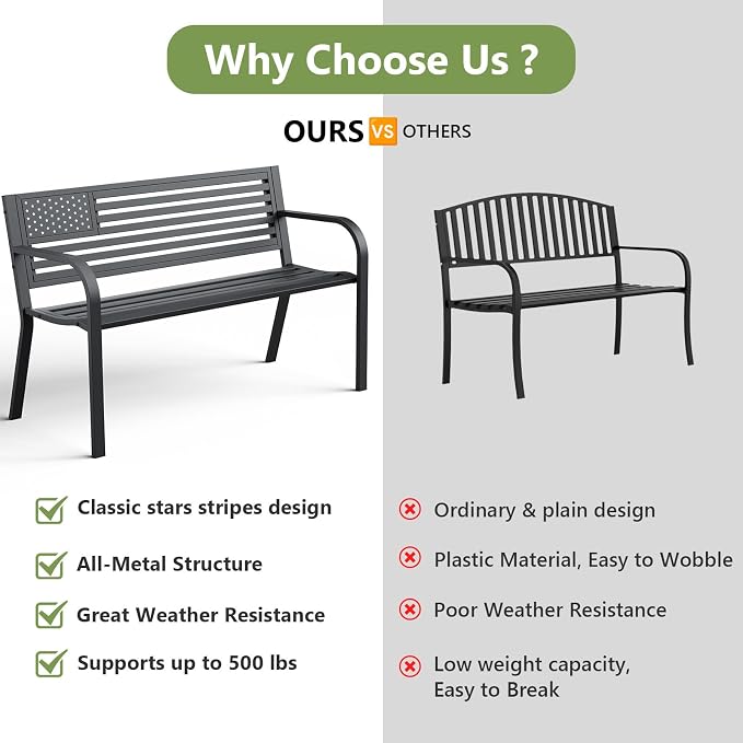 Outdoor Garden Bench with Classic Stars and Stripes Metal Backrest 2 Pack, Metal Bench, 2-Person Patio Bench for Outside Seating, Cast Iron Steel Porch Yard Lawn Furniture, Black