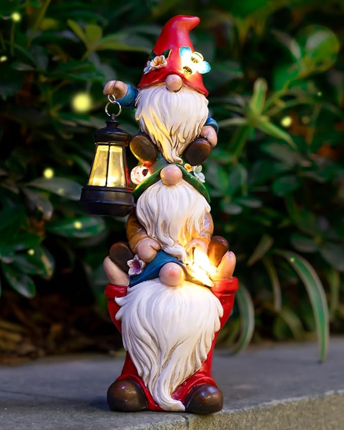 twinbling 12 in Garden Gnome Statue with Solar Lights Birthday Gift for Mom Woman Grandma Garden Sculptures Funny Triple Gnome Outdoor Patio Lawn Yard Balcony Home Decor