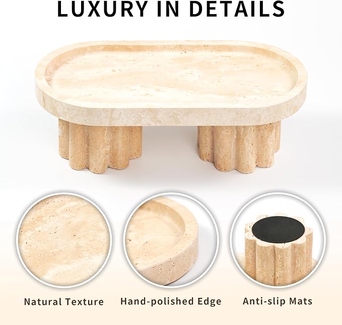 Travertine Marble Perfume Tray - Oval Decorative Stone Pedestal with Scalloped Legs for Bathroom Vanity Coffee Table Kitchen Countertop, Footed Jewelry Holders Organizers