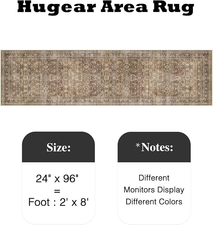 2x8 Brown Vintage Distressed Washable Runner Rug for Hallway | Low Pile, Non Slip, Retro Style, Soft Distressed Long Hallway Runner for Kitchen, Entryway, Laundry, Bedroom, Home Decor