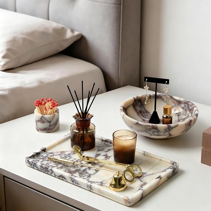 Luxury Natural Rectangle Marble Tray – 11.8 x 7.8-Inch Calacatta Viola Stone Vanity Tray, Large Catchall Organizer for Jewelry Perfume Keys, Decorative Tray for Bathroom Coffee Table & Dresser